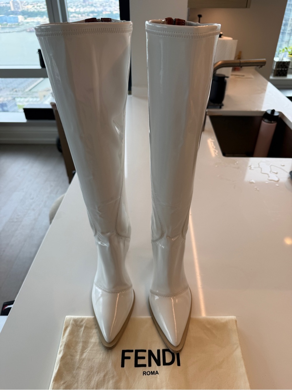 Fendi Glossy White Patent Leather Knee-High Pointed Boots